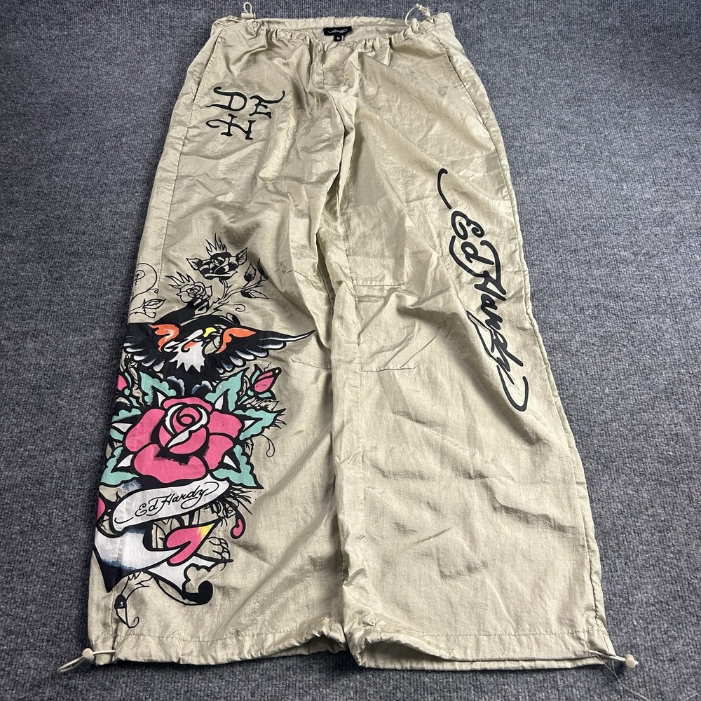 Ed Hardy Pants Mens 32x29 Beige Windbreaker Wide Leg Tattoo Rose Graphic
